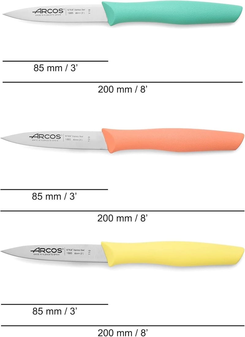 Arcos Paring Knife Set of 3 Pieces 4 Inch Stainless Steel. Colorful Kitchen Knives for Peeling Fruits and Vegetables. Ergonomic Polypropylene Handle. Series Nova. Color Orange, Yellow and Blue. - Image 2